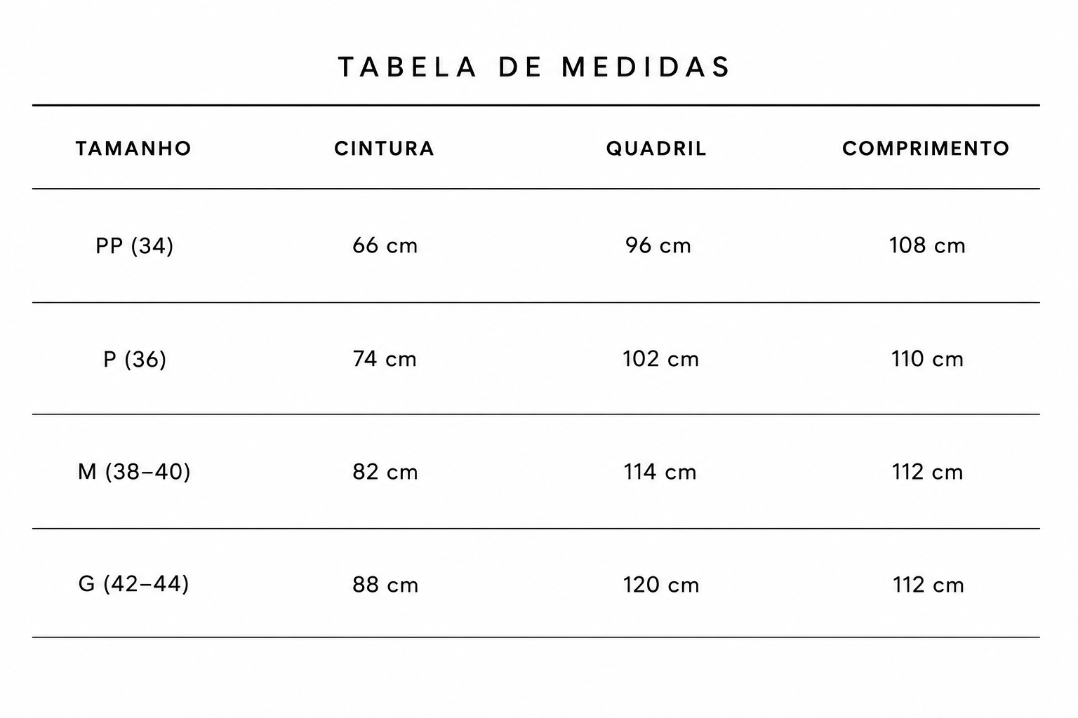 Tabela de Medidas: 